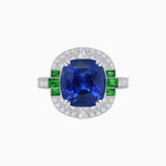 Load image into Gallery viewer, Art Deco Style Cushion Cut Ring Mounting with Diamond Halo and colored Side Gemstones