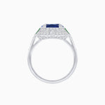 Load image into Gallery viewer, Art Deco Style Cushion Cut Ring Mounting with Diamond Halo and colored Side Gemstones