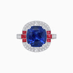 Load image into Gallery viewer, Art Deco Style Cushion Cut Ring Mounting with Diamond Halo and colored Side Gemstones