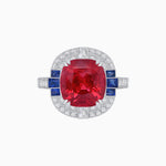 Load image into Gallery viewer, Art Deco Style Cushion Cut Ring Mounting with Diamond Halo and colored Side Gemstones