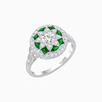 Load image into Gallery viewer, Art Deco Inspired Round Cut Halo Ring with Calibré Gemstone Accents