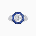 Load image into Gallery viewer, Art Deco Inspired Round Cut Ring with Octagonal Calibré-Cut Gemstone Halo