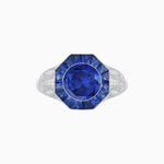 Load image into Gallery viewer, Art Deco Inspired Round Cut Ring with Octagonal Calibré-Cut Gemstone Halo