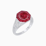Load image into Gallery viewer, Art Deco Inspired Round Cut Ring with Octagonal Calibré-Cut Gemstone Halo
