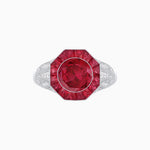Load image into Gallery viewer, Art Deco Inspired Round Cut Ring with Octagonal Calibré-Cut Gemstone Halo