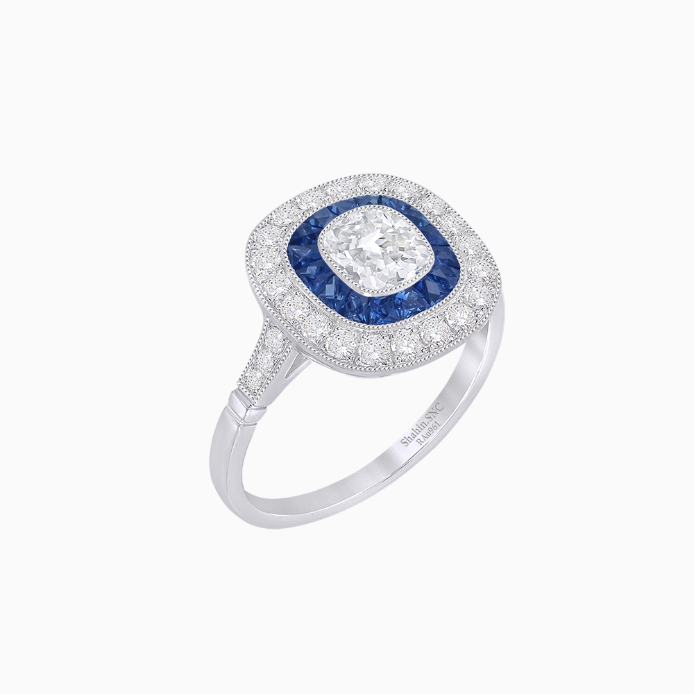 Vintage-Inspired Cushion Halo Diamond Engagement Ring with Gemstone (Mounting)