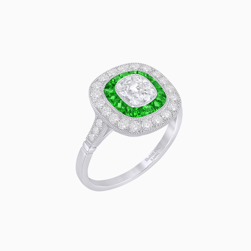 Vintage-Inspired Cushion Halo Diamond Engagement Ring with Gemstone (Mounting)