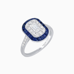 Load image into Gallery viewer, Art Deco Style Double Halo Ring Mounting with Emerald Cut Center Stone and Calibre-Cut Gemstone Halo