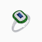 Load image into Gallery viewer, Art Deco Style Double Halo Ring Mounting with Emerald Cut Center Stone and Calibre-Cut Gemstone Halo