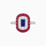 Load image into Gallery viewer, Art Deco Style Double Halo Ring Mounting with Emerald Cut Center Stone and Calibre-Cut Gemstone Halo