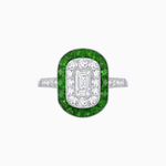 Load image into Gallery viewer, Art Deco Style Double Halo Ring Mounting with Emerald Cut Center Stone and Calibre-Cut Gemstone Halo