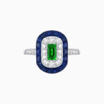 Load image into Gallery viewer, Art Deco Style Double Halo Ring Mounting with Emerald Cut Center Stone and Calibre-Cut Gemstone Halo