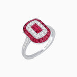Load image into Gallery viewer, Art Deco Style Double Halo Ring Mounting with Emerald Cut Center Stone and Calibre-Cut Gemstone Halo