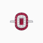 Load image into Gallery viewer, Art Deco Style Double Halo Ring Mounting with Emerald Cut Center Stone and Calibre-Cut Gemstone Halo