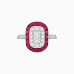 Load image into Gallery viewer, Art Deco Style Double Halo Ring Mounting with Emerald Cut Center Stone and Calibre-Cut Gemstone Halo