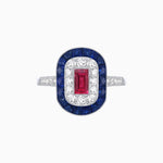 Load image into Gallery viewer, Art Deco Style Double Halo Ring Mounting with Emerald Cut Center Stone and Calibre-Cut Gemstone Halo