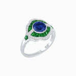 Load image into Gallery viewer, Art Deco Inspired Round Cut Scalloped Double Halo Ring with French-Cut Gemstones