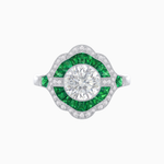 Load image into Gallery viewer, Art Deco Inspired Round Cut Scalloped Double Halo Ring with French-Cut Gemstones