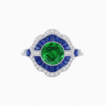 Load image into Gallery viewer, Art Deco Inspired Round Cut Scalloped Double Halo Ring with French-Cut Gemstones