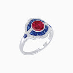 Load image into Gallery viewer, Art Deco Inspired Round Cut Scalloped Double Halo Ring with French-Cut Gemstones