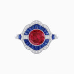 Load image into Gallery viewer, Art Deco Inspired Round Cut Scalloped Double Halo Ring with French-Cut Gemstones