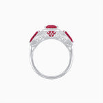 Load image into Gallery viewer, Vintage Inspired Cushion Cut Three-Stone Halo Ring with Pear-Shaped Side Stones