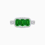Load image into Gallery viewer, Vintage Inspired Emerald Cut Three-Stone Diamond Halo Ring