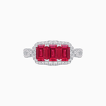 Load image into Gallery viewer, Vintage Inspired Emerald Cut Three-Stone Diamond Halo Ring