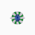 Load image into Gallery viewer, Art Deco Inspired Oval Sunburst Cocktail Ring with Calibré-Cut Gemstones