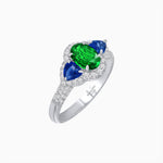 Load image into Gallery viewer, Three-Stone Oval Ring with Pear Shape Side Stones and Diamond Halo