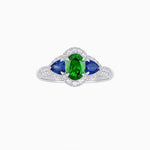 Load image into Gallery viewer, Three-Stone Oval Ring with Pear Shape Side Stones and Diamond Halo