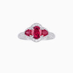 Load image into Gallery viewer, Three-Stone Oval Ring with Pear Shape Side Stones and Diamond Halo