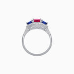 Load image into Gallery viewer, Three-Stone Oval Ring with Pear Shape Side Stones and Diamond Halo