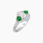 Load image into Gallery viewer, Three-Stone Oval Ring with Pear Shape Side Stones and Diamond Halo