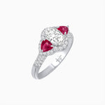Load image into Gallery viewer, Three-Stone Oval Ring with Pear Shape Side Stones and Diamond Halo