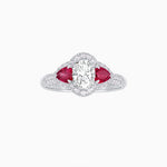 Load image into Gallery viewer, Three-Stone Oval Ring with Pear Shape Side Stones and Diamond Halo