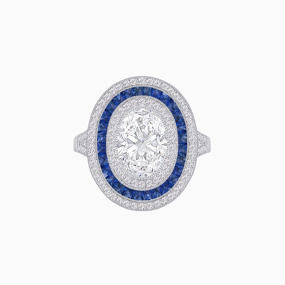 Oval Blue Sapphire Triple Halo Ring