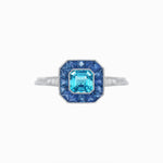 Load image into Gallery viewer, Art Deco Asscher Cut Aquamarine and Blue Sapphire Engagement Ring in Platinum - Shahin Jewelry
