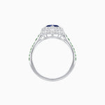 Load image into Gallery viewer, Art Deco Inspired Bezel-Set Heart Halo Ring with Calibré Gemstone Shoulders - Shahin Jewelry