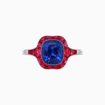 Load image into Gallery viewer, Art Deco Inspired Cushion Cut Halo Ring with Calibré-Cut Gemstones - Shahin Jewelry