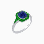 Load image into Gallery viewer, Art Deco Inspired Cushion Cut Halo Ring with Calibré-Cut Gemstones - Shahin Jewelry