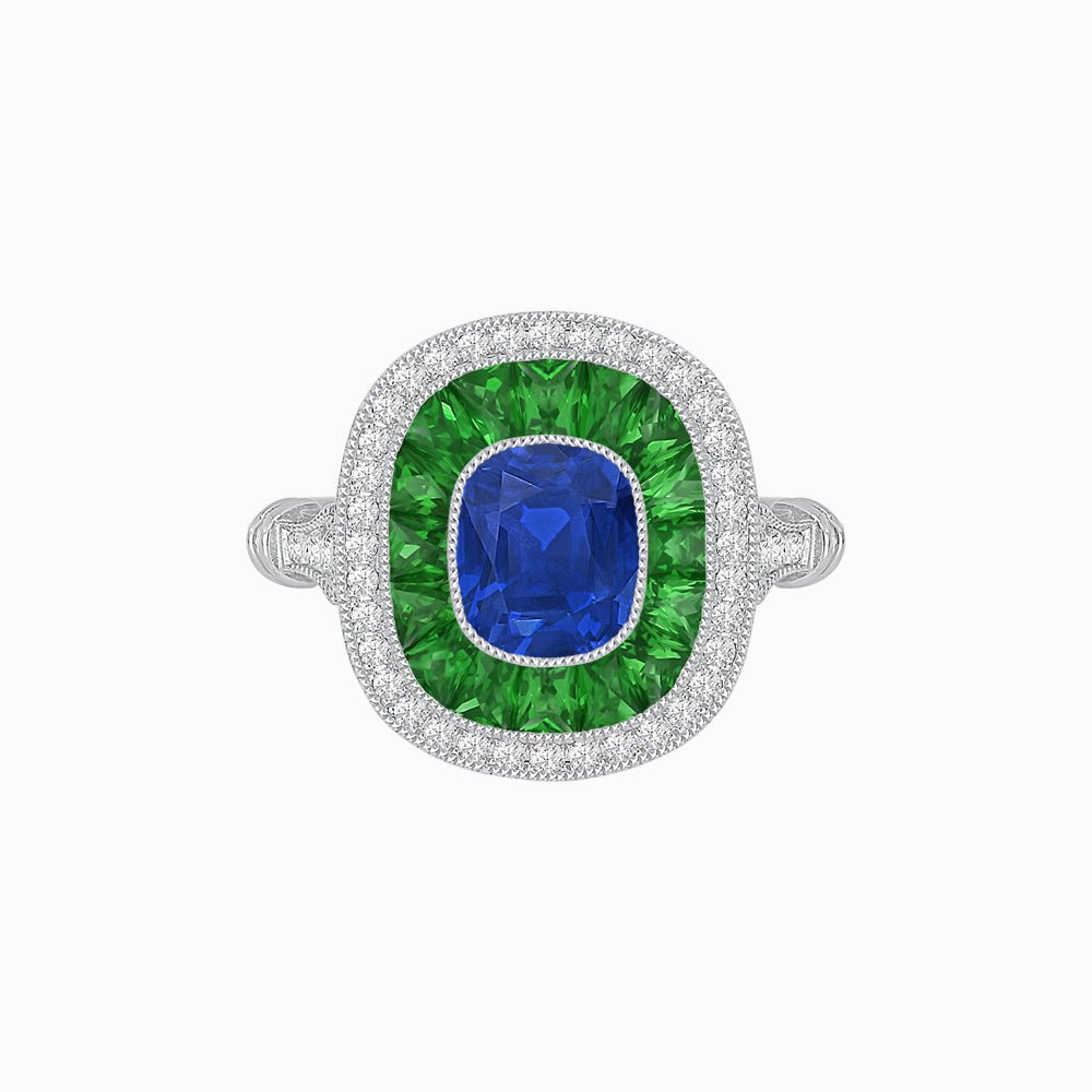 Art Deco Inspired Cushion Gemstone Halo Ring - Shahin Jewelry