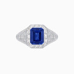 Load image into Gallery viewer, Art Deco Inspired Emerald Cut Baguette Halo Ring with Engraved Shoulders - Shahin Jewelry