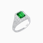 Load image into Gallery viewer, Art Deco Inspired Emerald Cut Baguette Halo Ring with Engraved Shoulders - Shahin Jewelry