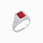 Load image into Gallery viewer, Art Deco Inspired Emerald Cut Baguette Halo Ring with Engraved Shoulders - Shahin Jewelry