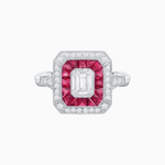 Load image into Gallery viewer, Art Deco Inspired Emerald Cut Halo Ring with Calibré Gems - Shahin Jewelry