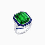 Load image into Gallery viewer, Art Deco Inspired Emerald Cut Ring with Calibré Gemstone Halo - Shahin Jewelry