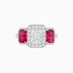 Load image into Gallery viewer, Art Deco Inspired Emerald Cut Three-Stone Diamond Halo Ring - Shahin Jewelry