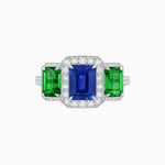 Load image into Gallery viewer, Art Deco Inspired Emerald Cut Three-Stone Diamond Halo Ring - Shahin Jewelry