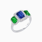 Load image into Gallery viewer, Art Deco Inspired Emerald Cut Three-Stone Diamond Halo Ring - Shahin Jewelry